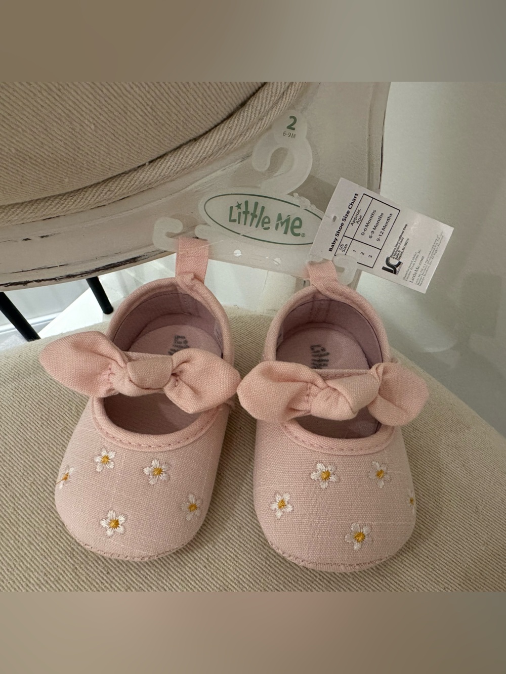 🤍 6~9 Mth Size 2 Little Me Embroidered Pink Daisy Bow Baby Mary Jane Shoes NWT